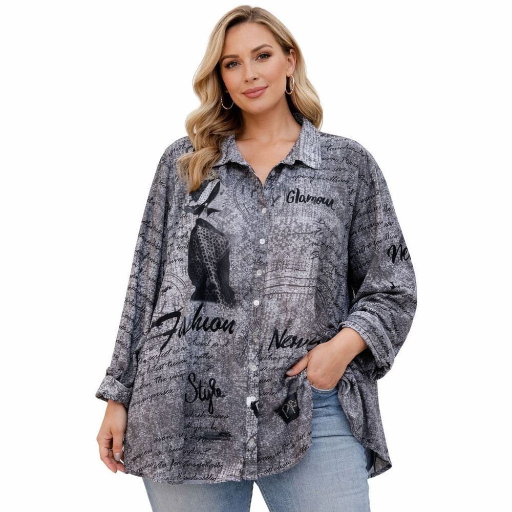 Ali Miles Tunic Blouse Womens 2X Gray Paris NYC Print Button Front Long Sleeve